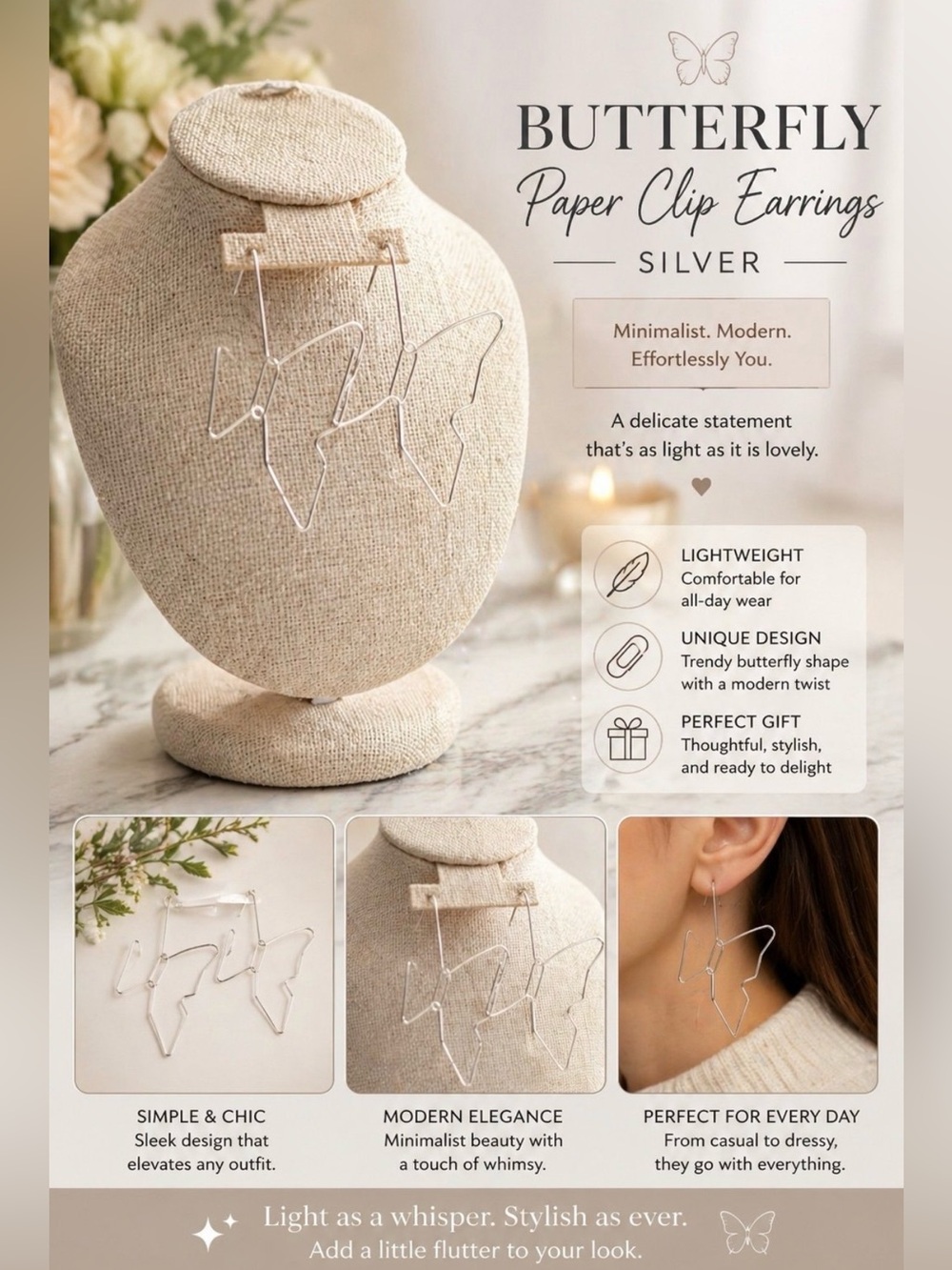 Butterfly Paper Clip Earrings- Silver